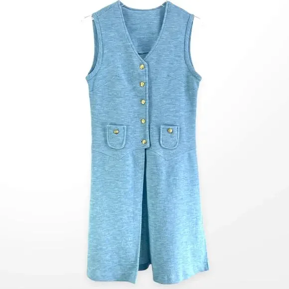 60s Vintage Blue A Line Sleeveless Tunic Open Front Shirt Dress Nautical Buttons - Picture 7 of 7